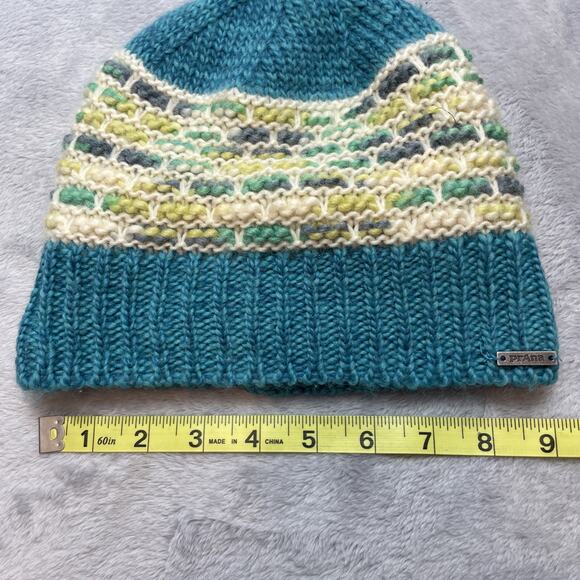 PrAna Francesca Pom Beanie Hat OS Turquoise Wool Winter Ski Snow Fleece Lined - Picture 7 of 7